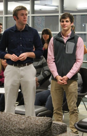 David Trump (left) and Justin Wynne (right) listen to the results of the 2014 SGA elections. The pair lost to Jose and Hahnel by a two-vote margin.