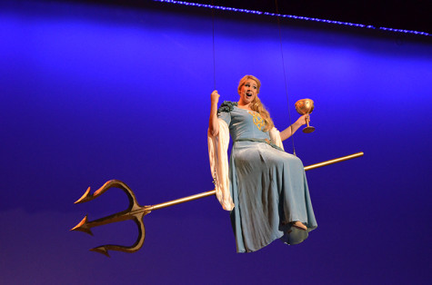 Kat Moser, who plays the Lady of the Lake, ascends into the skies on stage. 