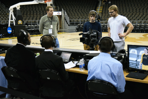 Members of the broadcast production team shoot the pregame spot. Back row, left to right: Bill Farro, Will Turner, Kevin Hoffman. Front row: Brandon Cole, Andrew Kappes, Daniel Powell.