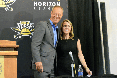 NKU Director of Athletics Ken Bothof (left) and new women's basketball coach Camryn Whitaker prior to Tuesday's press conference at BB&T Arena.
