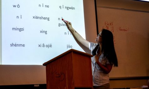 Professor Sun points to Chinese characters during lecture. 