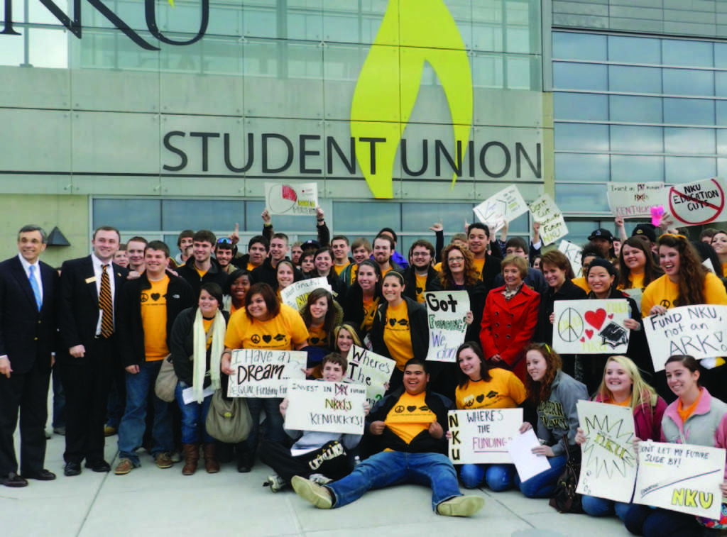 Students from Northern Kentucky University, University of Louisville, University of Kentucky and Eastern Kentucky University, among others, gathered at the capitol building in Frankfort, Ky. to fight for more state funding at the Rally for Higher Education Feb. 7. Approximately 100 NKU students attended the rally, where university SGA presidents spoke about why more funding is important for their education. NKU SGA stressed the importance of calling legislators directly.