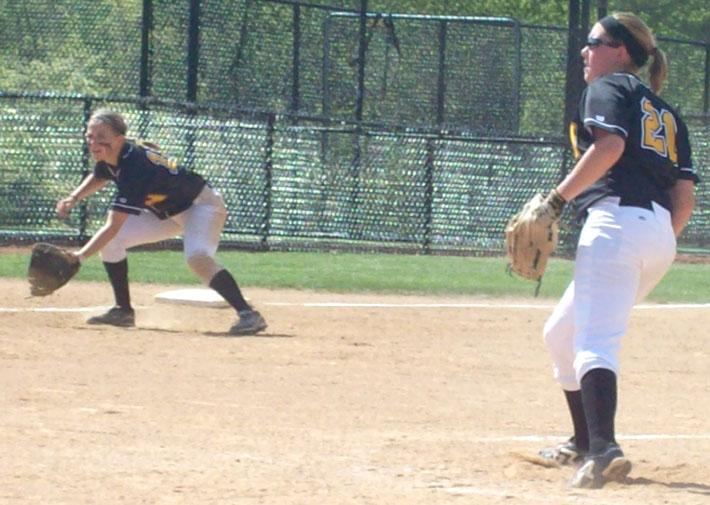 Emily Schwaeble (right) struck out 11 Bellarmine batters in the 5-2 victory on April 18. 