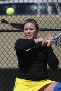 Claire Spradlin hits the ball during NKU's loss to Mercer on Thursday, April 28, 2013. The Norse lost 4-3 against Mercer, winning the doubles point, but falling in the singles.