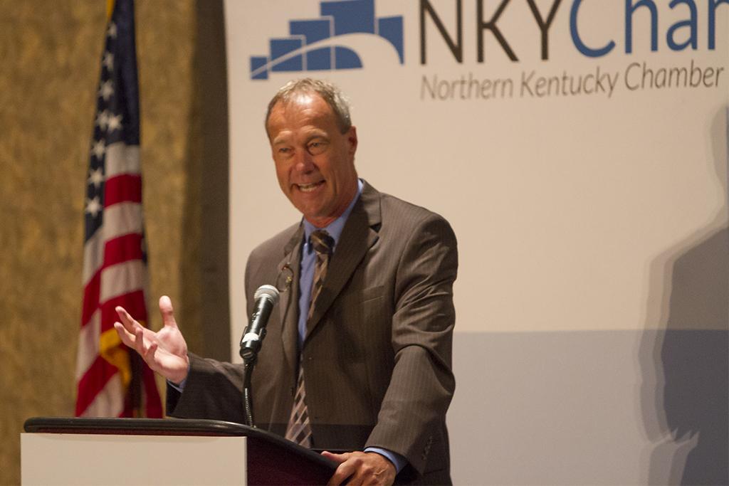 Northern Kentucky Chamber of Commerce Eggs N Issues breakfast on August 13 at Receptions Banquet and Conference Center in Erlanger, Kentucky was a chance for business owners from around the area to meet the new NKU Athletic Director Ken Bothof and talk about his bold new vision of NKU Athletics. NKU Athletic Director Ken Bothof talks about his new vision for NKU Athletics and answers questions from business owners about how he sees the future of Northern Kentucky Universitys athletic program.