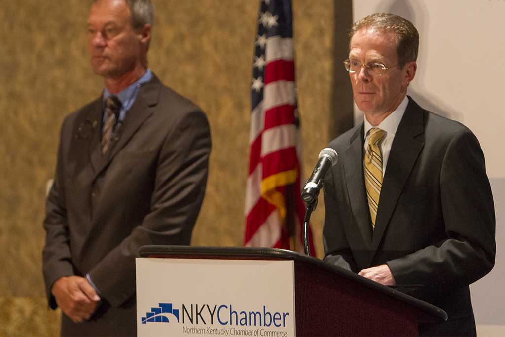 Northern Kentucky Chamber of Commerce Eggs 'N Issues breakfast on August 13 at Receptions Banquet and Conference Center in Erlanger, Kentucky was a chance for business owners from around the area to meet the new NKU Athletic Director Ken Bothof and talk about his bold new vision of NKU Athletics. NKU President Geoffrey Mearns answers questions from business owners about how he sees the future of Northern Kentucky University's athletic program.