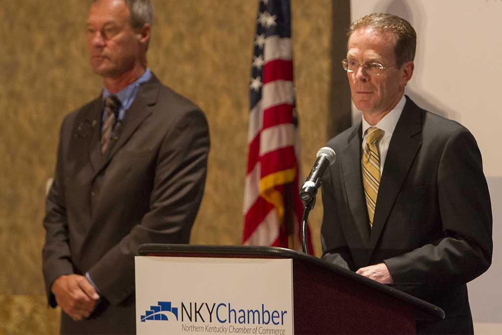 Northern Kentucky Chamber of Commerce Eggs N Issues breakfast on August 13 at Receptions Banquet and Conference Center in Erlanger, Kentucky was a chance for business owners from around the area to meet the new NKU Athletic Director Ken Bothof and talk about his bold new vision of NKU Athletics. NKU President Geoffrey Mearns answers questions from business owners about how he sees the future of Northern Kentucky Universitys athletic program.