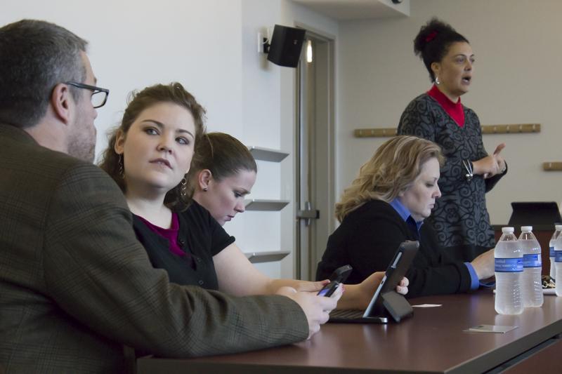 (L to R) Kevin Dugan, Kate McGinty, Krista Neher, Lisa Braun, and moderator Holly Edgell discuss the future of social media and journalism. 