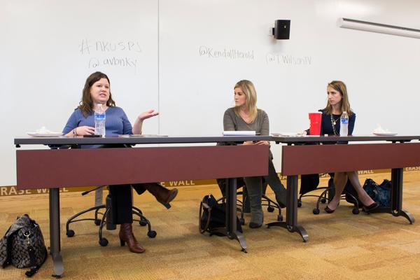 Tiffany Wilson, Kendall Herold,
and Amanda VanBenschoten spoke to students at the latest SPJ event.