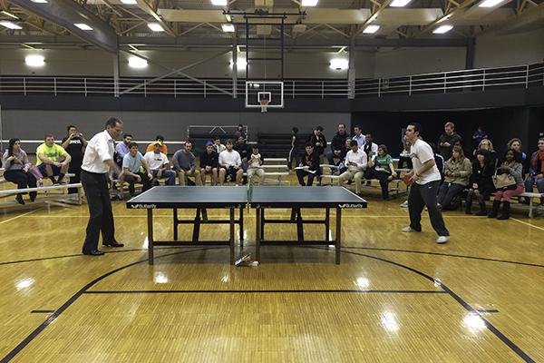 President Geoffrey Mearns faces NKU student and reigning pingpong champ, Matt Hepner.