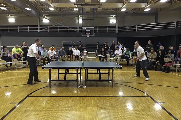 President Geoffrey Mearns faces NKU student and reigning pingpong champ, Matt Hepner. 