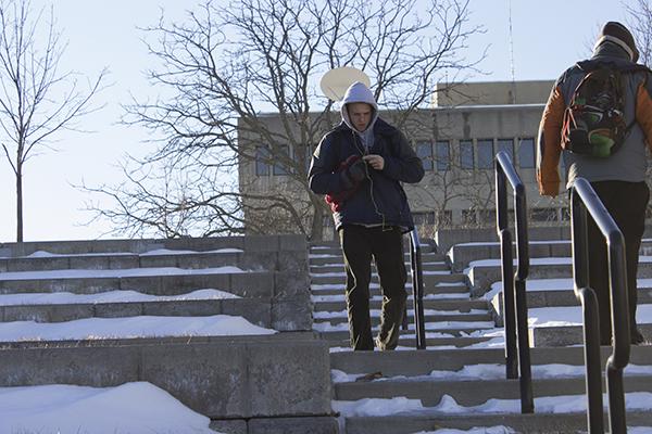 Students traveled up and down the ice and snow covered amphitheater stairs.