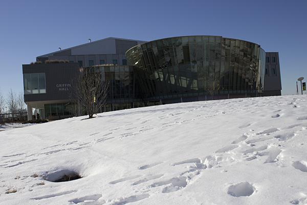 Griffin Hall surrounded by snow.