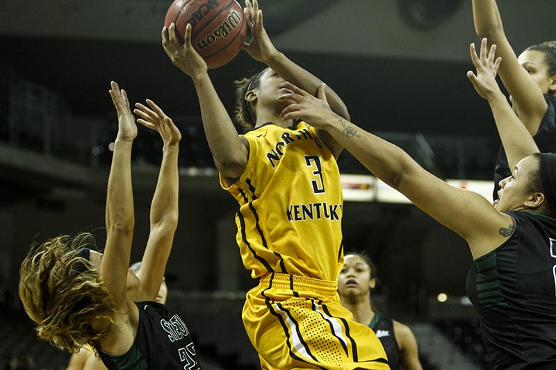 NKUs Lauren White who finished with 23 points, lays the ball up against Stetson Thursday night in a 90-66 loss at The Bank of Kentucky Center.