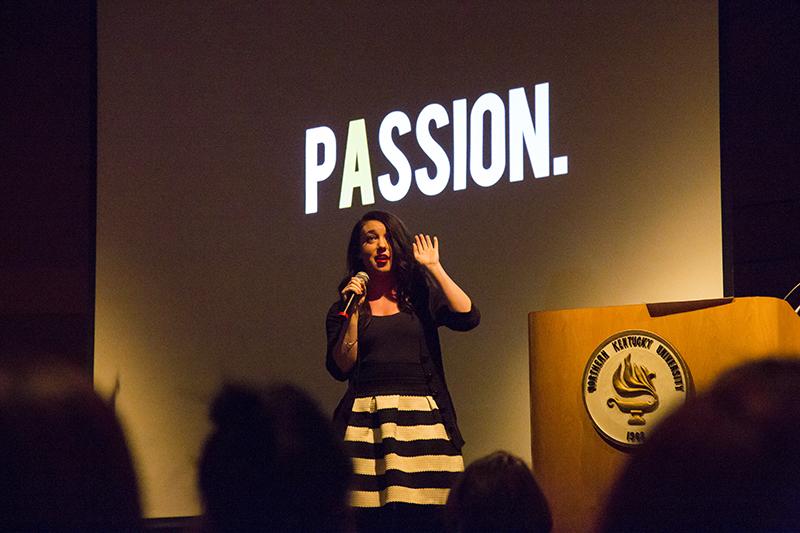 Hannah Brencher on the stage giving her speech Tuesday night. 