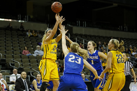 NKU women's basketball player Kayla Thacker shoots the ball against McNeese State, scoring 25 points and 8 rebounds during NKU's win in the first round of the WBI Tournament. NKU beat McNeese State 84-72 on March 20, 2014 at the Bank of Kentucky Center during the first round of the WBI Tournament. NKU plays College of Charleston at 7 p.m. Saturday, March 23, 2014 at TD Arena in Charleston, South Carolina.