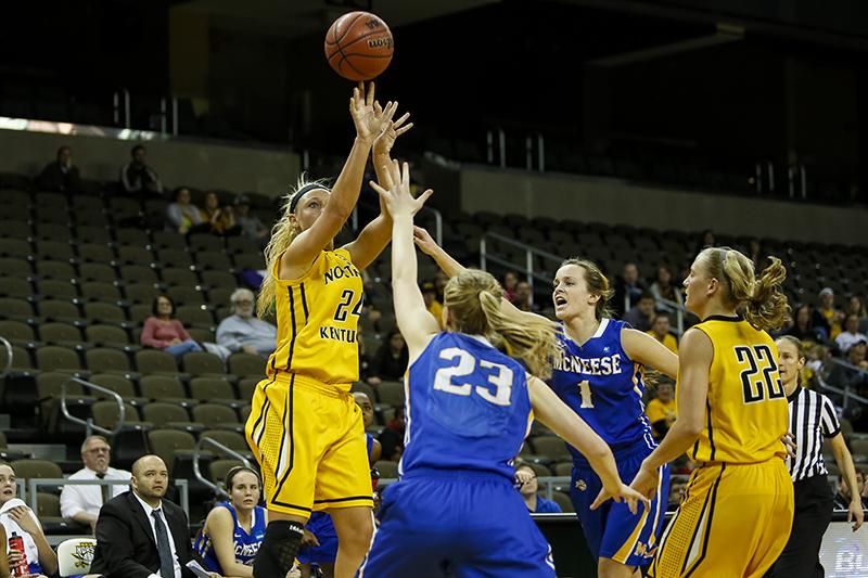 NKU womens basketball player Kayla Thacker shoots the ball against McNeese State, scoring 25 points and 8 rebounds during NKUs win in the first round of the WBI Tournament. NKU beat McNeese State 84-72 on March 20, 2014 at the Bank of Kentucky Center during the first round of the WBI Tournament. NKU plays College of Charleston at 7 p.m. Saturday, March 23, 2014 at TD Arena in Charleston, South Carolina. 
