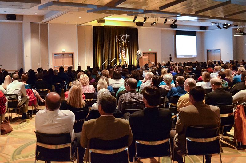 NKU President Geoffrey Mearns addresses several hundred people at his annual budget address. Topics included tuition increase, eliminating positions, state budget funding and money received for the future Health Innovations Center. 