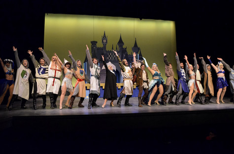 The entire cast of Spamalot takes the stage performing one of the many huge musical numbers in the show at one of their final dress rehearsals. 