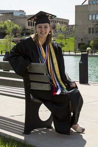 Erin Kirker at one of her favorite spots on campus. She will graduate this May after having a jam-packed four-year college experience.