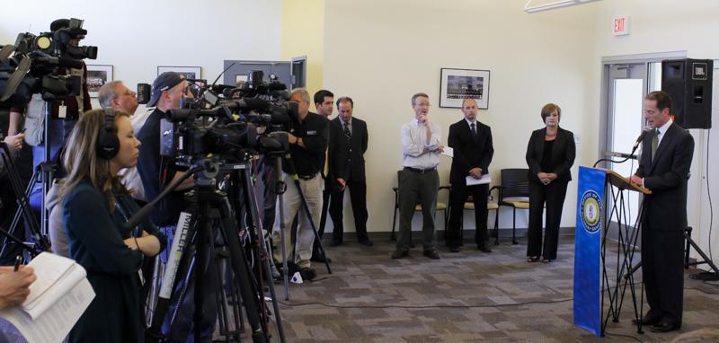 President Geoffrey Mearns speaks at a press conference regarding the closure of the investigation involving former athletic director Scott Eaton.