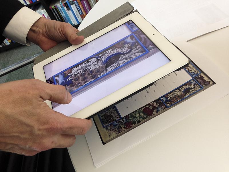 Kirby demonstrates an iPad based teaching tool developed by English professor Tamara O'Callaghan. The tool, used for her Middle English course,  uses the iPad's camera function to scan art based QR codes,  and provide context to student's reading. 