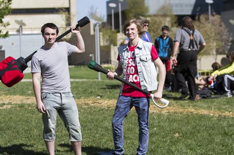 Ryan Kellam and Jared Koshiol prepare for a Dagorhir battle.