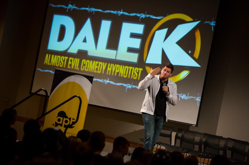 Dale+K+returned+to+Victor+Fest+bringing+his+hypnotist+act+to+the+stage.+Students+filled+the+SU+ballroom+to+witness+the+show+Tuesday+night.+