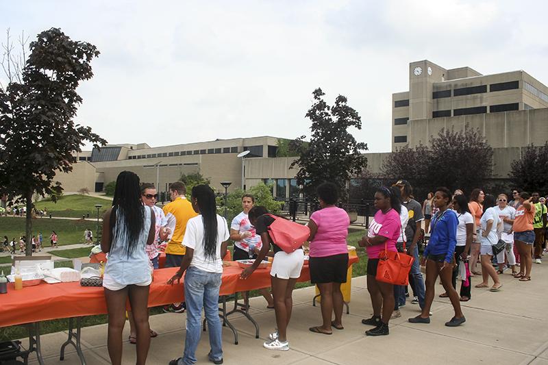 Sororities setting up their booths for Fresh Fusion.