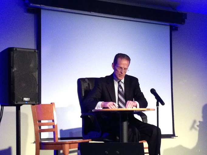President Mearns writes 'Thank You Notes' in a Thursday Night Live skit. Mearns crashed the student comedy show Thursday night. 