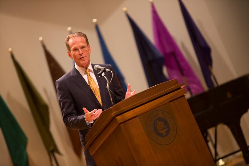 NKU President Geoffrey Mearns speaks about the coming year during his Fall 2014 Convocation. The NKU Fall 2014 Convocation was held in Greaves Hall on NKU campus on Friday, Aug. 15, 2014.