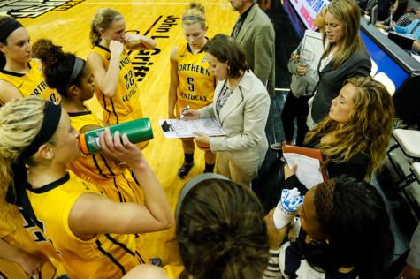 NKU Women's Basketball huddling up during NKU's tournament win against McNeese State on March 20, 2014. The A-SUN has changed their rules allowing all schools championship eligible in 2014.