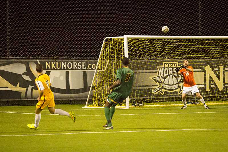 NKU player Cian McDonald scores the winning goal in NKU's come from behind overtime win on Tuesday night. The Norse beat Wright State 4-3 in overtime on September 23, 2014 at NKU Soccer Stadium.