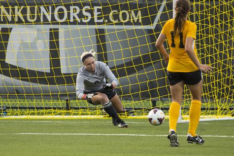 NKU goalkeeper Brooke Schocker dives for the save during NKUs 1-1 tie against Xavier. The Norse tied Xavier 1-1 at the NKU Soccer Stadium on Sept. 9, 2014.