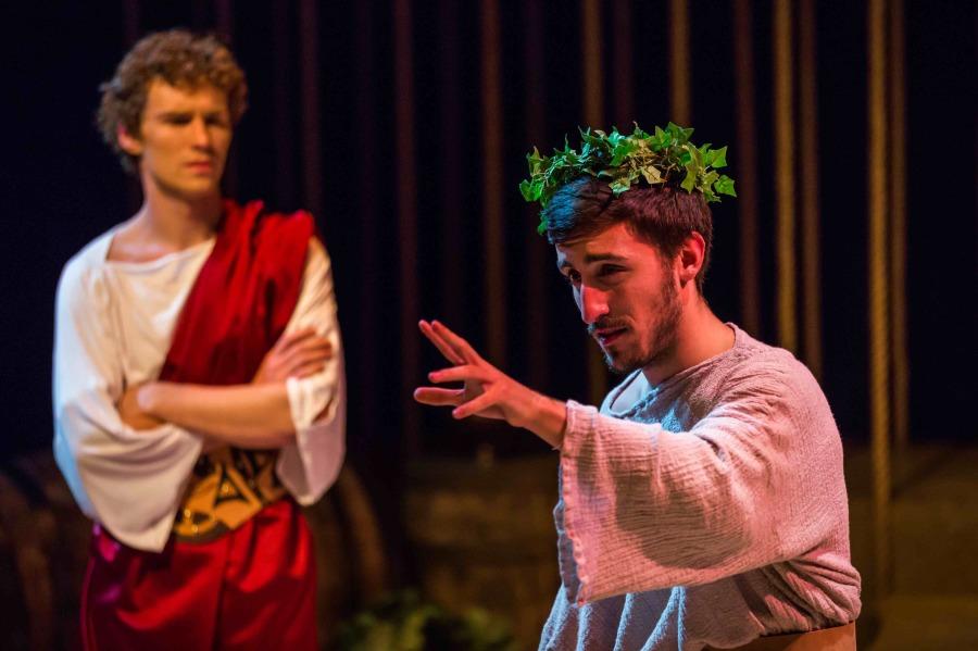 Hunter Henrickson as Pentheus and Kyle Taylor as Teiresias (left to right)
