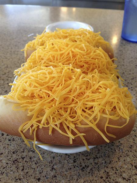 My go-to and first meal of the Skyline challenge: three cheese coneys with mustard and onion.