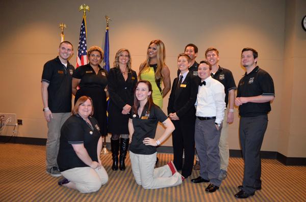 Members of LGBGTQ and Bonnie Meyers gather together to capture a photo with Laverne Cox at the meet-and-greet event after the lecture.