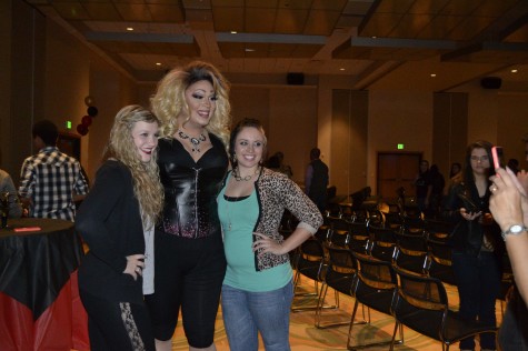 NKU sophomore Kaitlyn Sansome and friend pose with Sarah Jessica Darker, one of the drag queens who performed in the show.