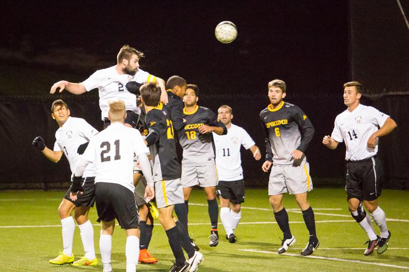 NKUs+Ian+OReily+heads+the+ball+towards+the+goal+during+NKUs+overtime+scoreless+draw+against+Lipscomb.+NKU+tied+Lipscomb+0-0+at+NKU+Soccer+Stadium+on+Saturday+Oct.+4%2C+2014.