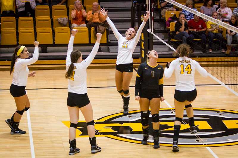 NKU players celebrate after an NKU point in NKU's come from behind win. NKU defeated Lipscomb 3-2 at Regents Hall on Friday, Oct. 24, 2014.