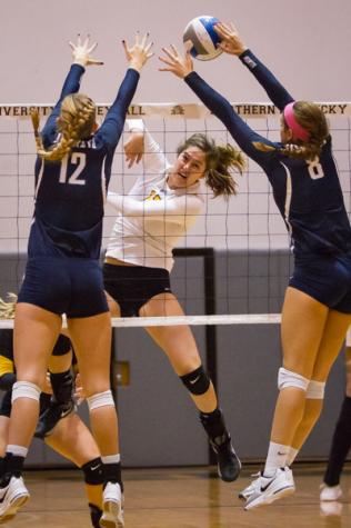 NKU's Jenna Ruble goes for the kill against North Florida. NKU defeated North Florida 3-2 coming from behind for the win in Regents Hall at Northern Kentucky University on Friday, Oct. 10, 2014.