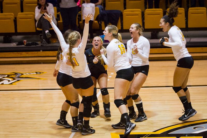 NKU celebrates their come from behind win against North Florida. NKU defeated North Florida 3-2 coming from behind for the win in Regents Hall at Northern Kentucky University on Friday, Oct. 10, 2014.