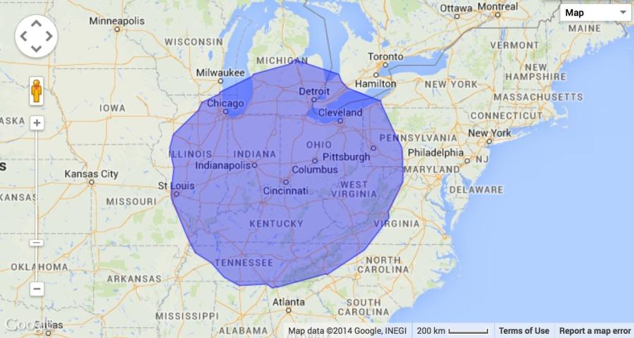 86% of recruitments come from within a five-hour radius of NKU. This map was provided by Google and http://www.freemaptools.com/how-far-can-i-travel.htm