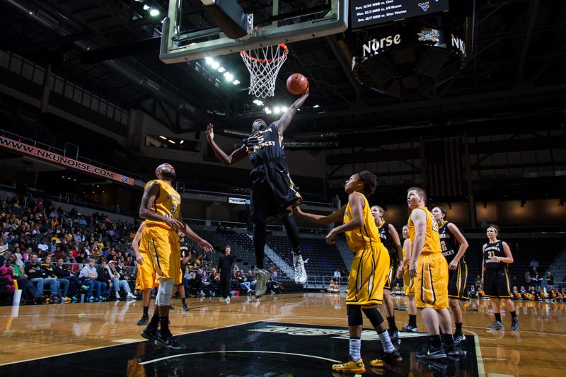 Freshman guard Jordan Garnett goes up for the rebound during NKUs Black and Gold Madness Scrimmage.