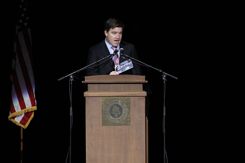 Kentucky Attorney General Jack Conway speaks to the crowd. Conway asked each member of the audience to get 10 people to vote for Grimes as a call-to-action from todays event.