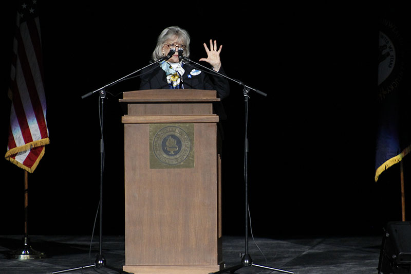 Former Kentucky Governor Martha Layne Collins takes the stage. Collins spoke about the specific significance of this particular senate race.