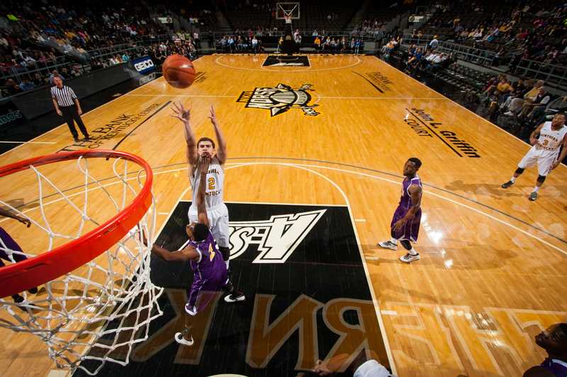 NKU freshman Tayler Persons pulls up for the jumper during NKU's 98-48 win over Ohio Mid-Western. NKU defeated Ohio Mid-Western 98-48 at The Bank of Kentucky Center on Nov. 22, 2014.