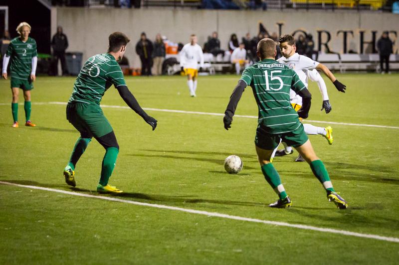 NKU forward Diego Martinez scores the lone goal in the double overtime game. NKU defeated Stetson 1-0 in double overtime at NKU Soccer Stadium on Saturday, Nov. 1, 2014.