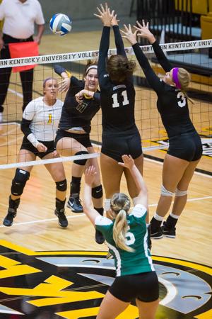 NKU's Jenna Ruble spikes the ball against Stetson in the third set of NKU's 3-0 win against the Hatters. NKU defeated Stetson 3-0 at Regents Hall on NKU Campus on Saturday, Nov. 1, 2014.