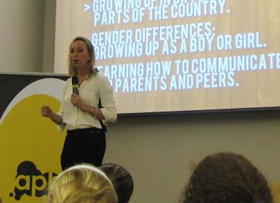 Hart speaks about gender differences to an audience at the Student Union Ballroom.